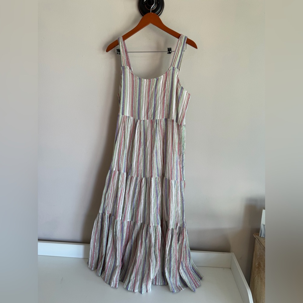 Linda Anderson Multi‎ Color Striped Metallic Tiered Maxi Dress Large Boho Summer
